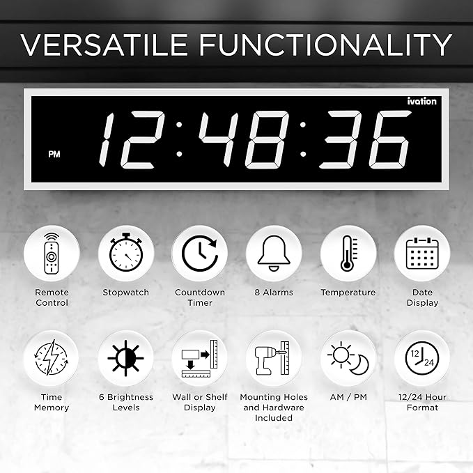 Ivation Oversized 36" Large Digital LED Clock | Big Digital Clock w/Multi-Function Display – Stopwatch, Timer, Alarms, Temp & Date | 6 Brightness Levels, Time Memory & Remote (White)