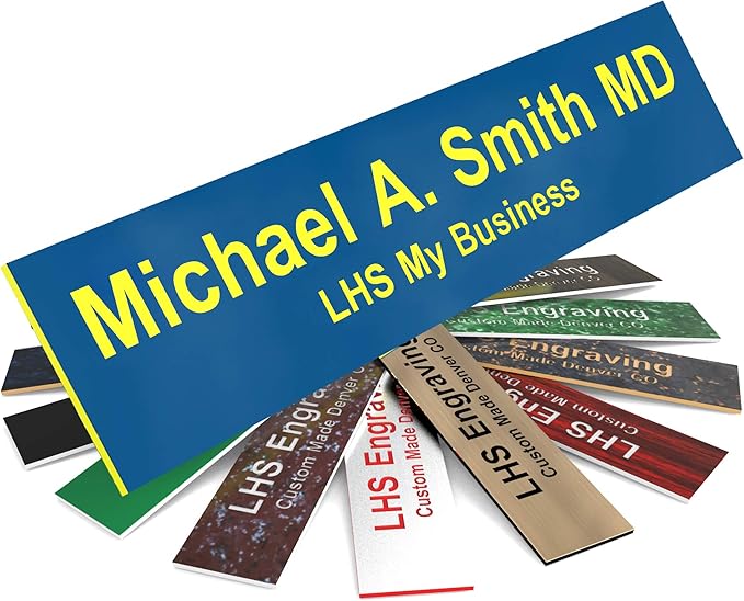 Engraved Door Signs for Office Personalized Blue Plastic Door Plaque with Yellow Letters - Made in USA 2x8 B20