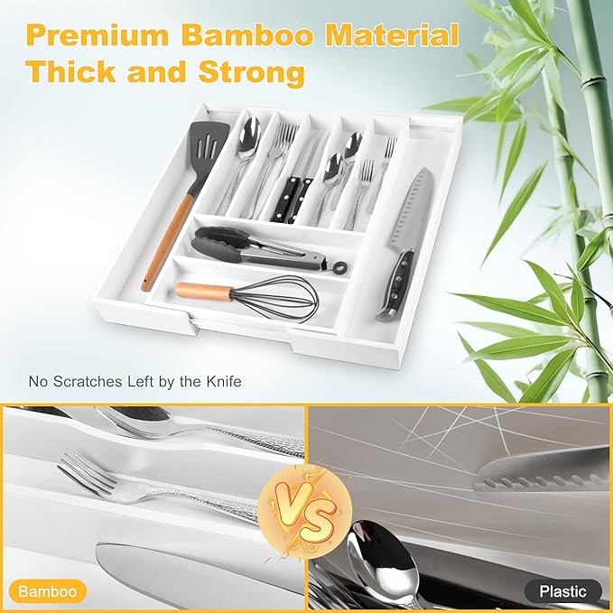 oridom Large Premium Bamboo Silverware Organizer - Expandable Drawer Organizer & Utensil Organizer - 17"x19.7" Cutlery Tray with Dividers for Kitchen Utensils and Flatware (7-9 Slots) (White)