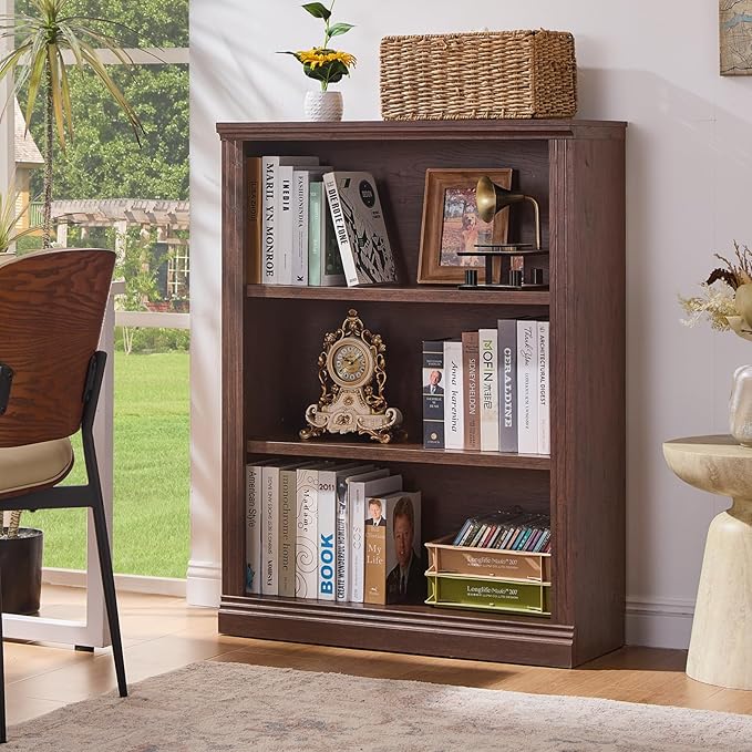 RWYHG 43" Walnut Tall Bookshelf Set of 2,3-Tier Thick Wooden Book Shelf with Adjustable Shelves,Free Standing Farmhouse Bookcase with Open Display Storage,Floor Vintage Bookshelves for Living Room