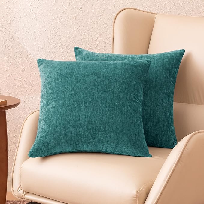 Amazon Basics Chenille Throw Pillow Covers, Home Decor Cushion Cover for Bedroom Living Room Couch Bed, 18" W × 18" L, Deep Teal
