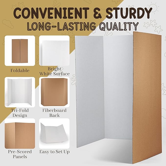 White Tri-Fold Presentation Board 28" X 40" Corrugated Tabletop Display Exhibition Board Lightweight and Portable with Smooth Surface Great for School Projects and Business presentations - by Emraw