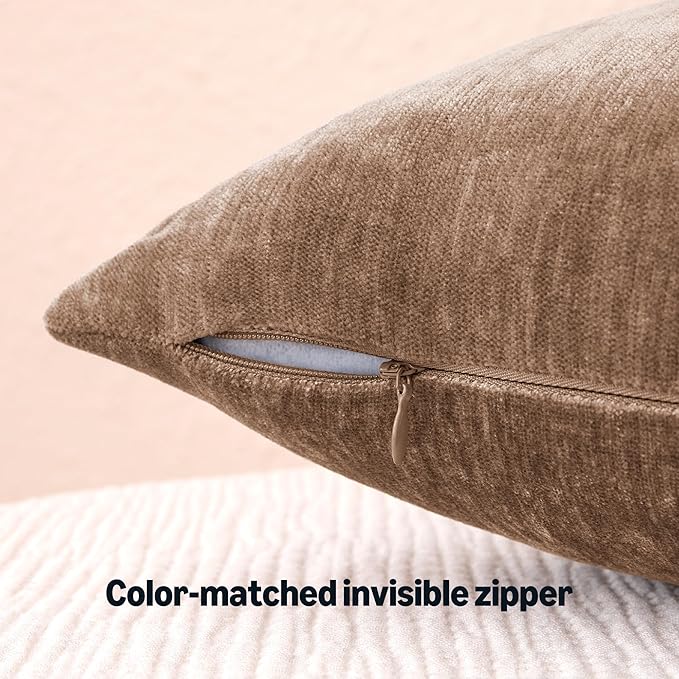 Amazon Basics Chenille Throw Pillow Covers, Home Decor Cushion Cover for Bedroom Living Room Couch Bed, 18" W × 18" L, Brown