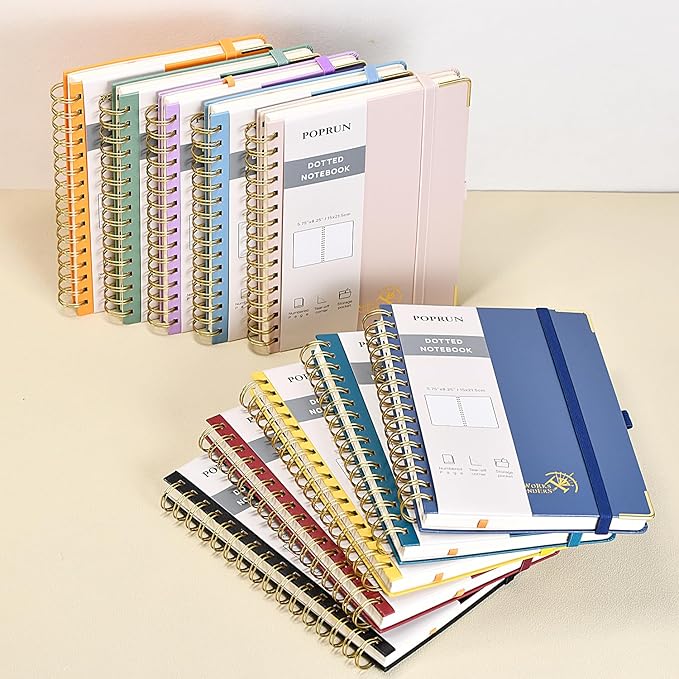 POPRUN Spiral Dotted Journal Notebook, [A5-5.75'' x 8.25''] - 120 GSM Thick Paper, 141 Numbered Pages, Hardcover for Men & Women with Pocket, Index Tabs, 8 Perforated Sheets, Olive