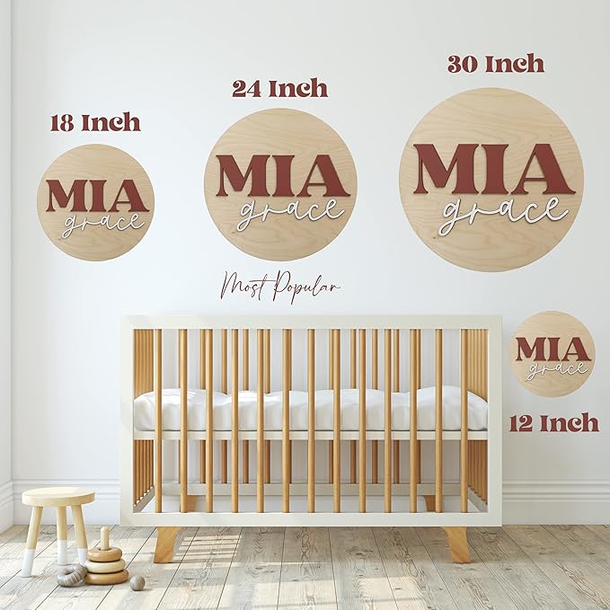 Custom Round Nursery Name Sign, Personalized Wooden Wall Plaque, 12" 18" 24", 30" 3D Wall Art for Children & Kids Rooms, Baby Shower, Hickory Hollow Designs (Amelia Grace)