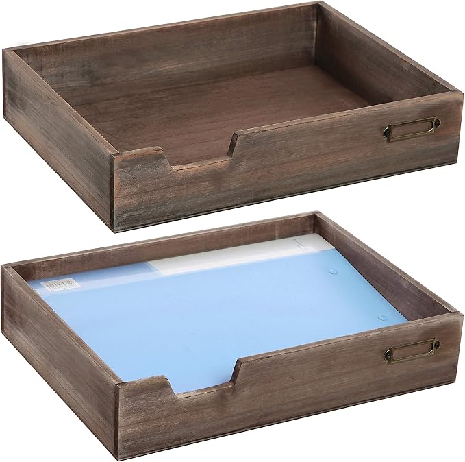 MyGift Set of 2 Vintage Distressed Finish Brown Wood Stackable Office Desktop Document Letter Paper Tray