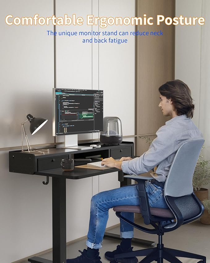 YIHAYO Electric Standing Desk with Drawers, 60 x 24 Inches Adjustable Desk with Storage Shelf, Computer Table with Splice Board for Home Office, Black Frame/Black Top