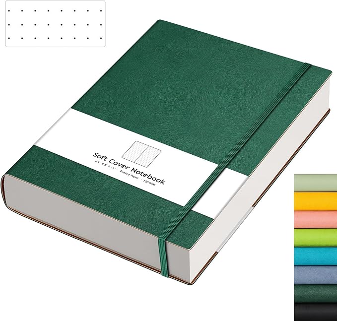 AHGXG Bullet Dotted Journal - Large A4 Notebook Dotted, 8.5''×11'', 320 Pages Dot Grid Notebook, 100gsm Thick Paper, Leather Softcover, with Journal Stencils, Inner Pocket - Green