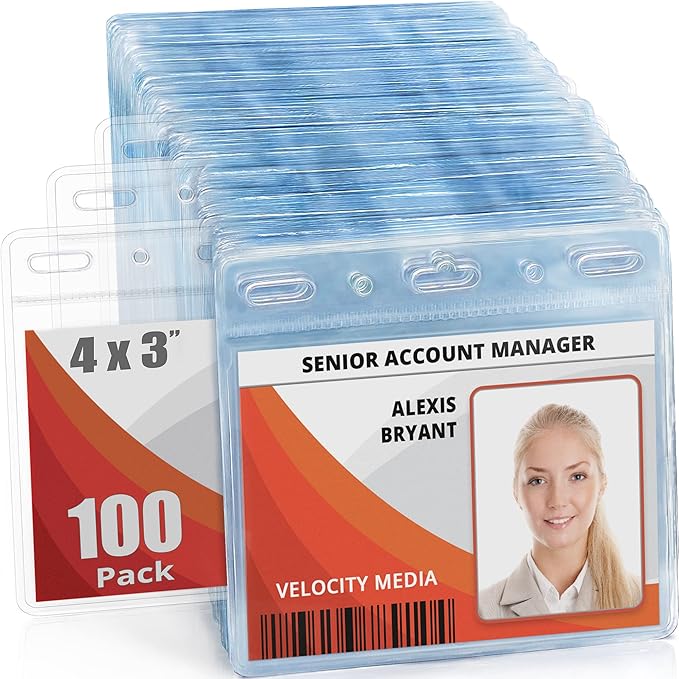 Mifflin-USA Card Protector (4x3 Inch, Clear, Bulk 100 Pack) Quick Load Horizontal No Zipper Name ID Badge Holder