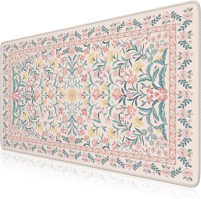 iCasso Pink Floral Desk Mat, Desk Pad, XXL Large Mouse Pad, Anti-Slip Big Mousepad with Stitched Edges, Computer Mouse Pads for Desktop for Women(Pink)