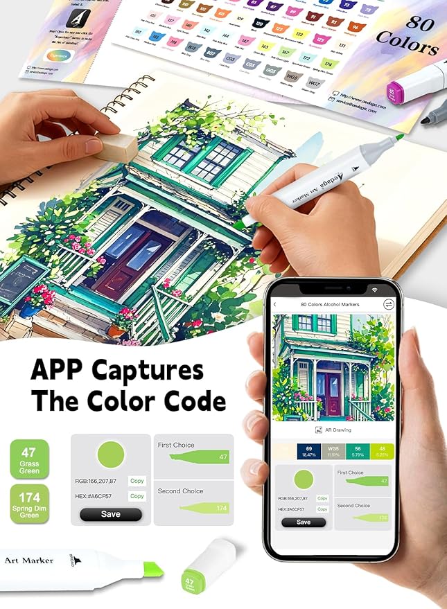 AEDAGA 80 Colors Alcohol Markers with Free App, Dual Tip Art Marker with Kickstand Case for Artists Adults. Alcohol Based Markers for Coloring Painting Sketching and Drawing, Great Gift