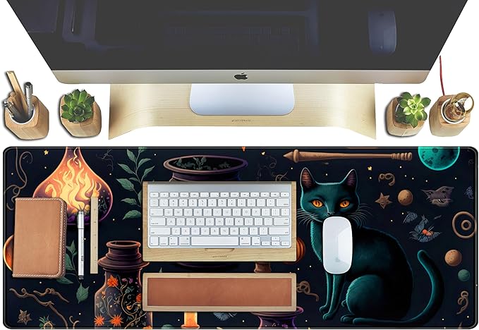 TENG DA QING Anime Blue Cat Kawaii Cats Mouse Pad, XL Large Extended Gaming Desk Pad, Women Desk Decor Pad Computer Laptop Keyboard and Wireless Mouse Mat with Stitched Edges 31.5x11.8 in