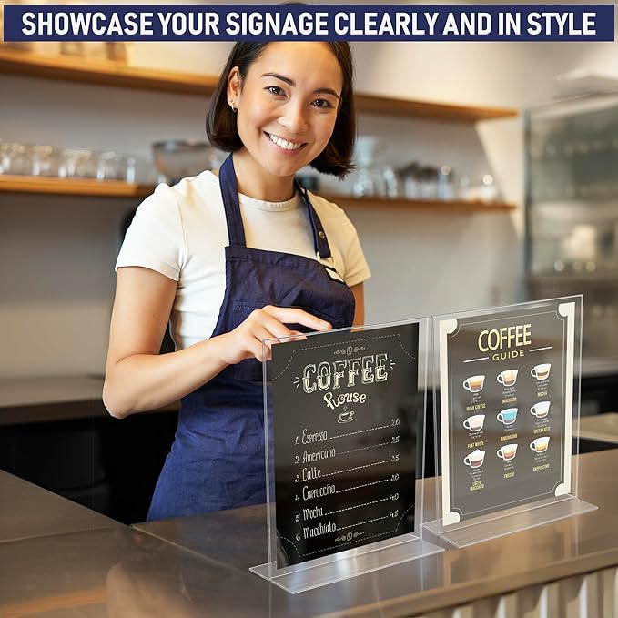 Acrylic Sign Holder 8.5 x 11, T-Shape Double-Sided Acrylic Table Stand with Wide Base, Plastic Tabletop Holder, Menu and Paper Display for Tables, Ideal for Offices, Restaurants, and Events (6 Pack)