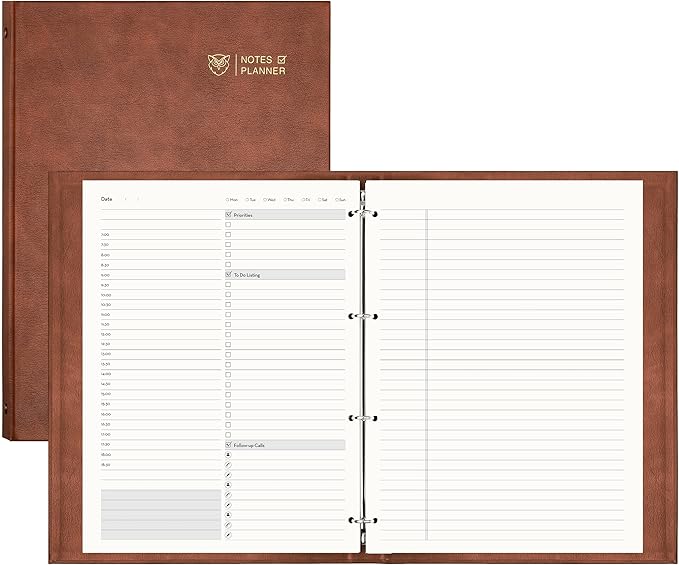EMSHOI Undated Daily Planner - A4 Large To Do List Notebook Appointment Book for Productivity Time Management, with Hourly Planner Refills, Hardcover Binder Leather Journal - 240 Pages, 9.2x12