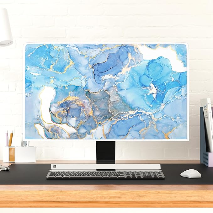 Baocicco Baby Blue Gold Marble Waterproof Computer Monitor Dust Cover 22, 23, 24, 25 Inch Modern Monitor Accessories Laptop TV LCD Fashion Screen Monitor Decoration for Tablet Home Office Computer
