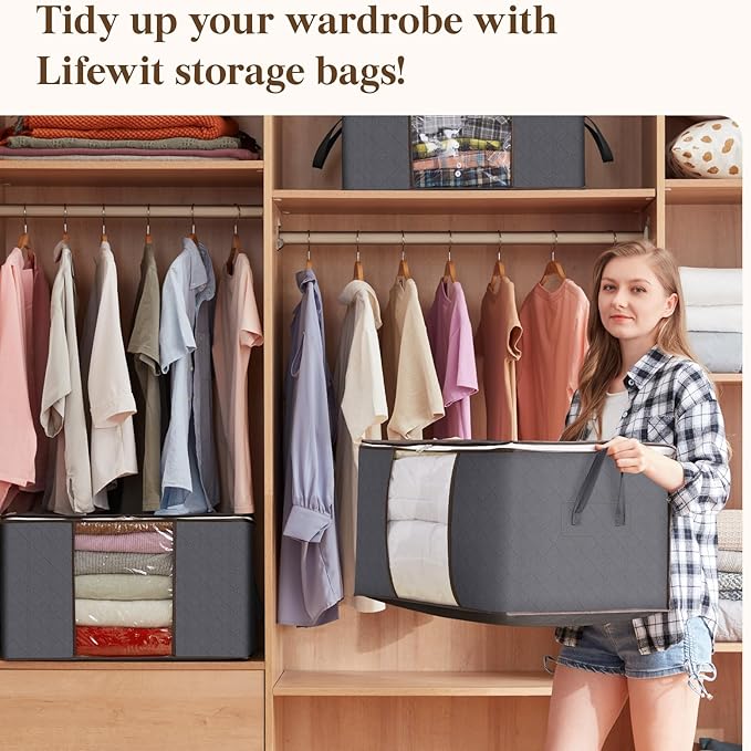 Lifewit Large Capacity Clothes Storage Bag Organizer with Reinforced Handle Thick Fabric for Comforters, Blankets, Bedding, Foldable with Sturdy Zipper, Clear Window, 24 Pack, 90L, Grey