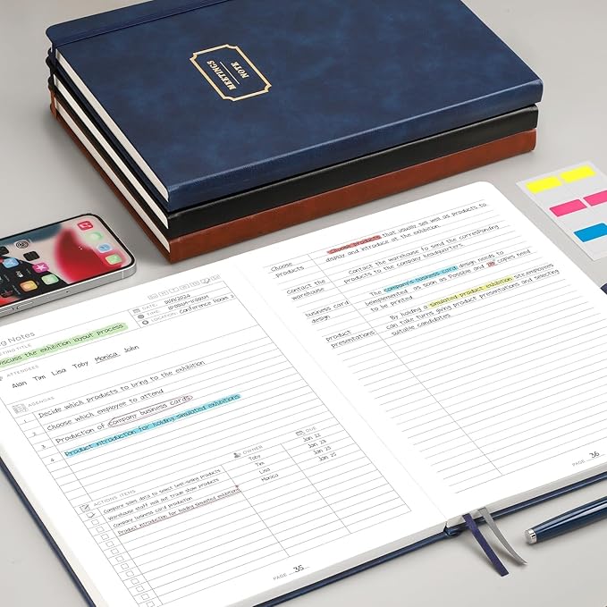 EMSHOI Meeting Notebook for Work with Sticky Tabs - 240 Pages, A4 Size Project Planner, PU Leather Meeting Agenda/Minutes Organizer for Women Men, Note Taking, Office & Business, 8.3"x11.7", Blue