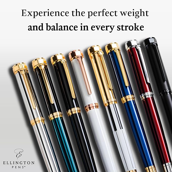 Ellington Pens Luxury Fountain Pen Set - Smooth Medium Nib- Includes 3 Ink Cartridges, Refillable Ink Converter, Gift Box- Fountain Pens For Writing, Calligraphy, Journaling, Sketching (Silver Sonata)