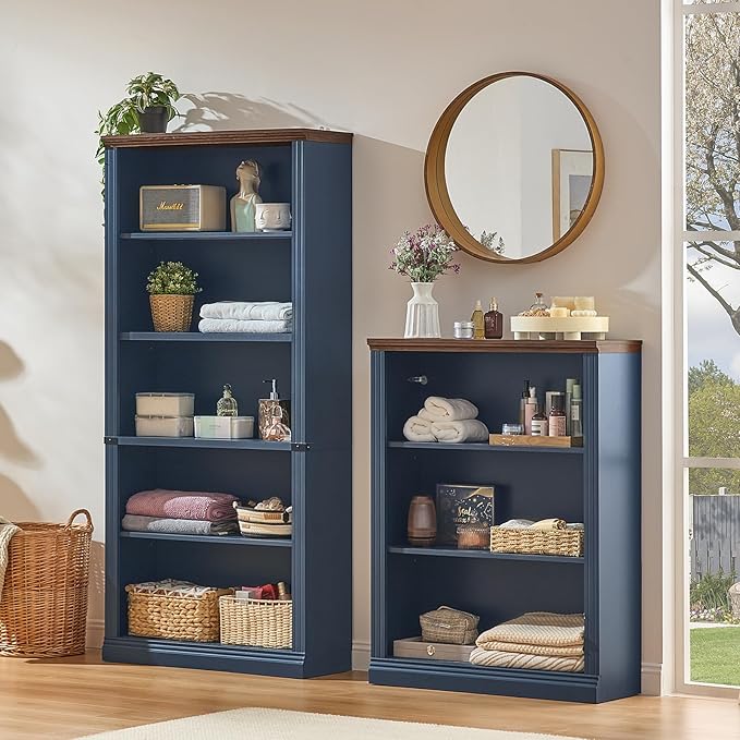 RWYHG 43" Blue Tall Bookshelf Set of 4,3-Tier Thick Wooden Book Shelf with Adjustable Shelves,Free Standing Farmhouse Bookcase with Open Display Storage,Floor Vintage Bookshelves for Living Room