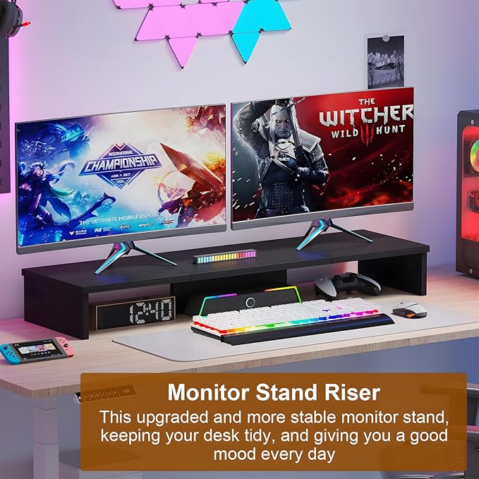 Qupui Dual Monitor Stand Riser, Large Computer Monitor Stand for Desk, Monitor Riser for 2 Monitors, Wood Desk Shelf for Top of Desk, Desktop Organizer for Computer, Laptop, Printer, TV