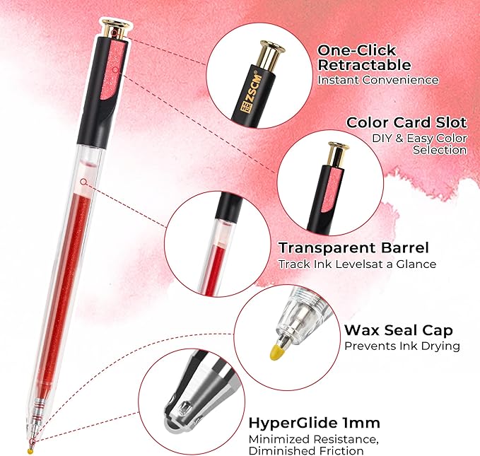 Retractable Glitter Gel Pens, 12 Colors Large Capacity Red Pink Glitter Metallic Gel Ink Pens, 1 mm Fine Point Smooth Writing Color Pens for Adult Coloring Book Note Taking Aesthetic Art Supplies