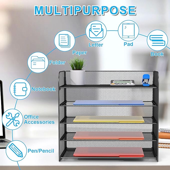 Vanulee 2 Pack Legal/A4/Letter Size Desk Paper Organizer Desktop File Organizer Document Sorter, 5 Tier Mesh Letter Tray File Folder Holder Office Accessories Organization