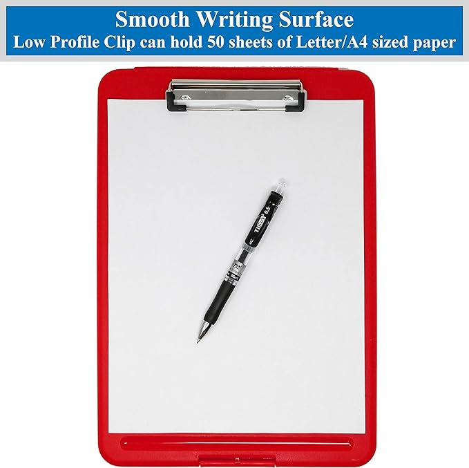 Think2Master [3 Pack] Red Plastic Storage Clipboard. | 25% Heavier & Sturdier| Heavy Duty and Won’t Flex Like Other Brands (Compare The Weight). Storage Compartment Holds 150 Letter Sized Paper.