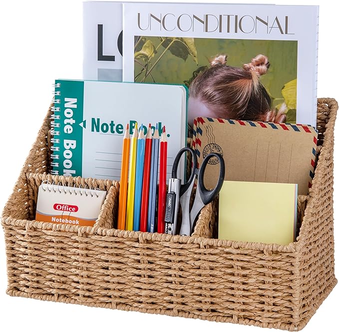 DINGTAI Rattan Desk Organizer, Tabletop Mail Holder, 5 Slot Mail Organizer Countertop Basket, Rattan Office Supplies, Boho Office Desk Accessories, Wicker Desk Organizer, Magazine Holder（Wicker）