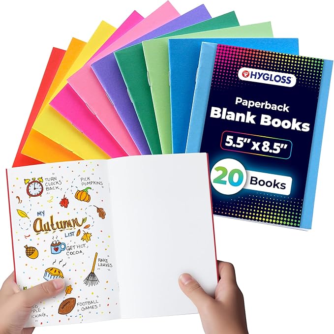 Hygloss Blank Books - Bulk 20 Pack – 5.5" x 8.5" A5 Assorted Colors – Paperback Blank Books for Kids to Write Stories, Doodle Art – Plain Drawing Sketchbook, Unlined Journal, Notebook Without Lines