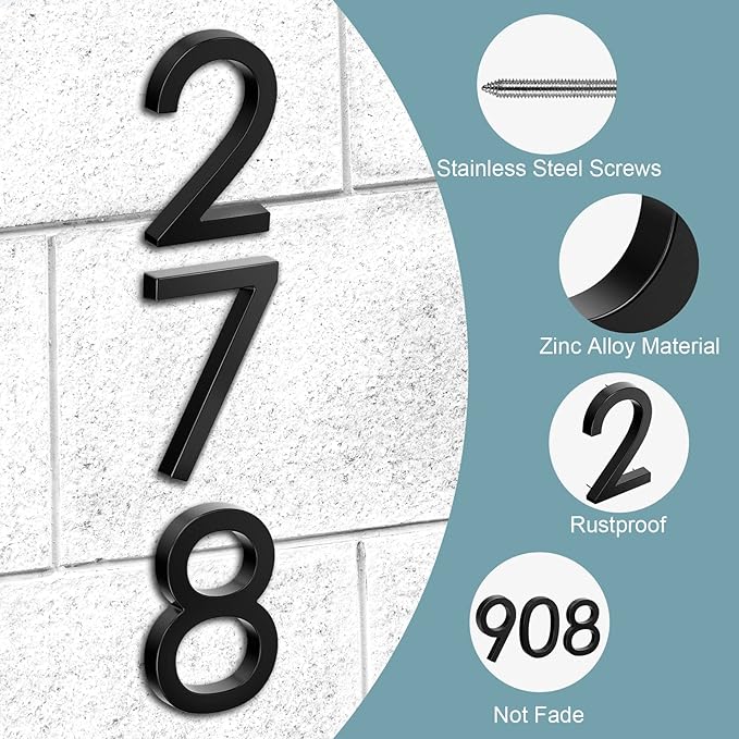 6" Floating Stainless Steel Address House Number, Modern Metal Anti-Rust House Numbers with Nail Kits for Door Garden Mailbox Decor Visibility Signage (5)