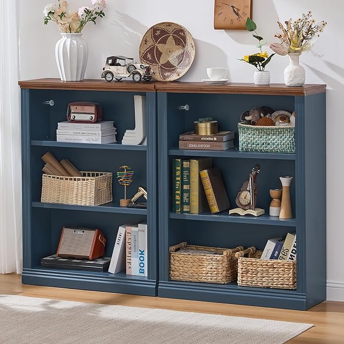 RWYHG 43" Blue Tall Bookshelf Set of 4,3-Tier Thick Wooden Book Shelf with Adjustable Shelves,Free Standing Farmhouse Bookcase with Open Display Storage,Floor Vintage Bookshelves for Living Room