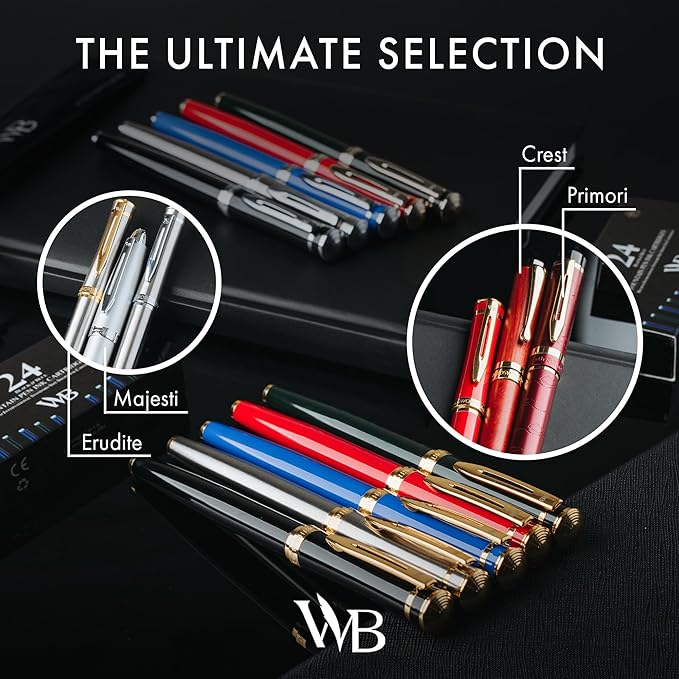 Wordsworth & Black Fountain Pen Set, Medium Nib, Includes 24 Pack Ink Cartridges, Ink Refill Converter & Gift Pouch, Chrome Finish, Calligraphy, [Black Chrome], Perfect for Men & Women