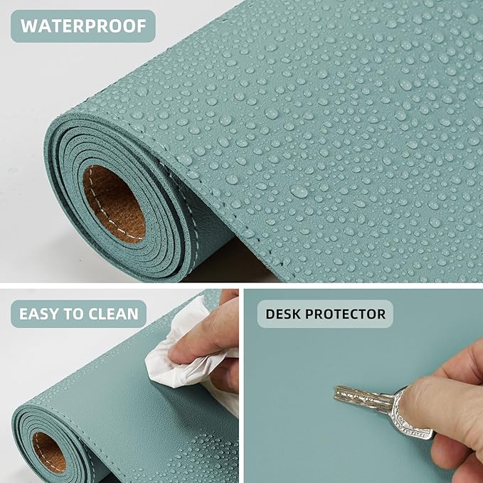 Leather Desk pad Protector, Large Desk mat with Natural Cork & PU Leather,Mouse pad,Non-Slip Office Desk Mat,Waterproof Desk Writing Pad for Office and Home (35in*17in, Light Blue)