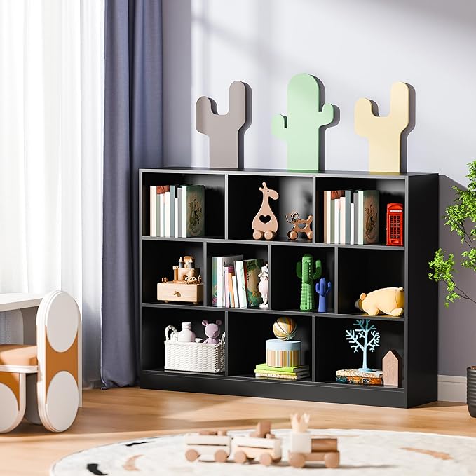 Cozy Castle Black Bookshelf, 3-Tier Open Shelf Bookcase, 10 Cube Storage Organizer with Anti-Tilt Device for Bedroom, Living Room, 55.11" W x 11.61“D x 40.94“H
