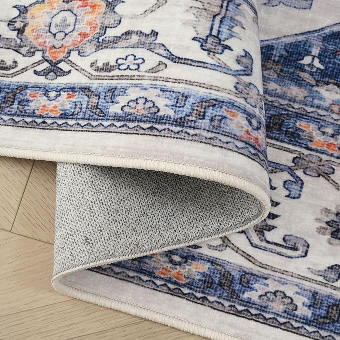 Rugcomf Vintage Medallion Kitchen Runner 2'x6' - Machine Washable Rug, Non-Slip Low Pile Boho Carpet for Hallways, Laundry, Bedroom, Bathroom - Blue