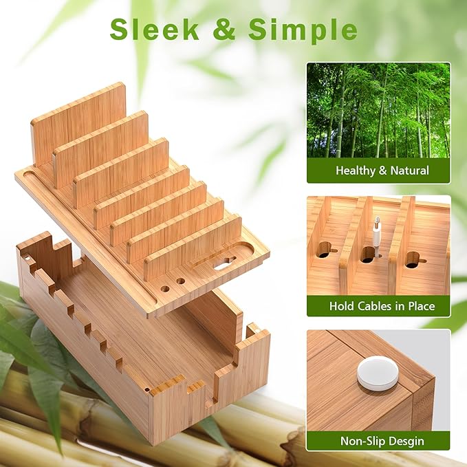 Pezin & Hulin Bamboo Charging Station for Multiple Devices with 5 Port USB Charger, 5 Cables and Watch Stand. Wood Desktop Docking Stations Organizer for Cell Phone, Tablet, Watch, Office Accessories
