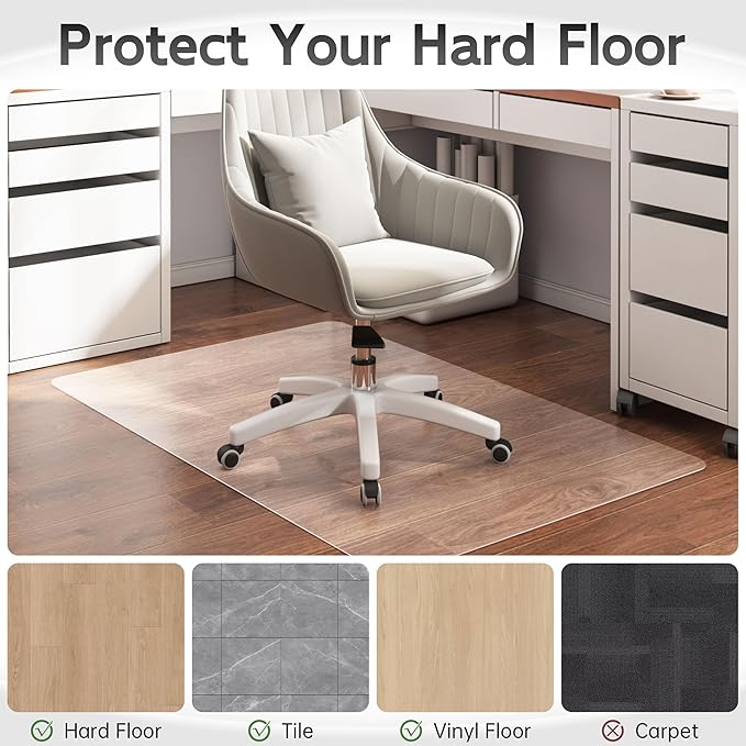 HOMEK Office Chair Mat for Hardwood Floor, 55” x 35” Crystal Clear Hard Floor Chair Mat, Transparent Floor Protector Mat Flat Without Curling