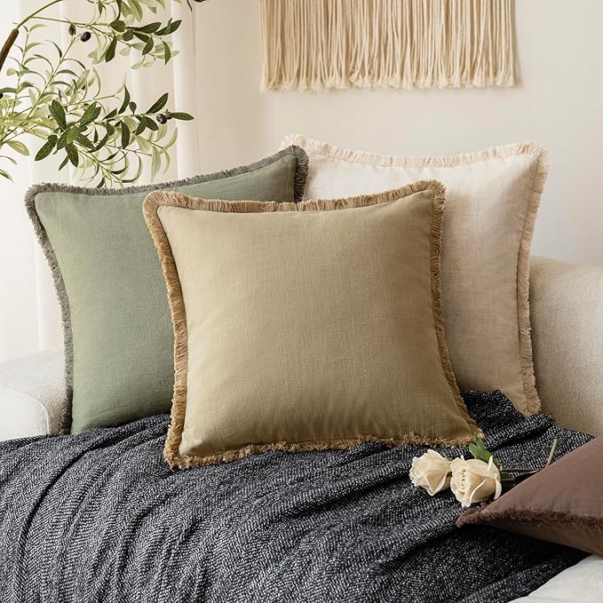 Foindtower Set of 2 Decorative Linen Fringe Throw Pillow Covers Farmhouse Cushion Cover with Tassels Soft Accent Pillowcase for Couch Chair Sofa Bed Living Room Home Decor,20×20 Inch,Light Khaki Taupe