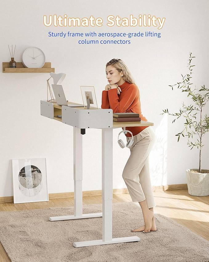 YIHAYO Electric Standing Desk with Drawers, 40 x 24 Inches Adjustable Desk with Storage Shelf, Stand Up Desk with Splice Board, Computer Table for Home Office, White Frame/Natural Top