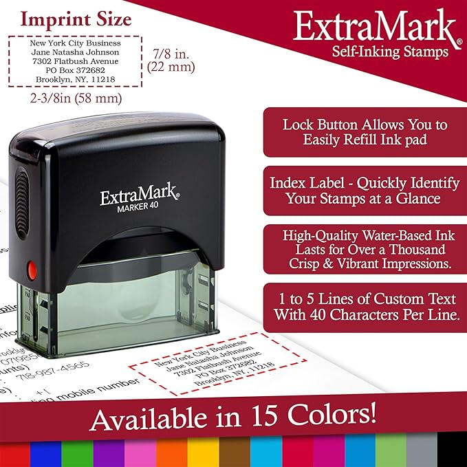 ExtraMark Return Address Stamp - 5 Lines Personalized Stamp - Customizable Text Stamp – Self Inking Design - Exclusive Features - Multiple Ink Color Options and Fonts