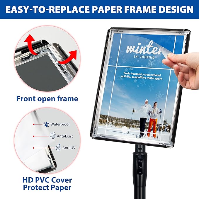 VAIIGO 2Pack 8.5x11 Inch Adjustable Pedestal Poster Sign Stand, Heavy Duty Floor Standing Sign Holder Stand Aluminum Snap Open Frame for Vertical and Horizontal View Sign Displayed(Black)