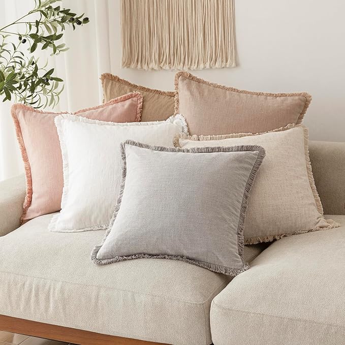 Foindtower Set of 2 Decorative Linen Fringe Throw Pillow Covers Farmhouse Cushion Cover with Tassels Lumbar Accent Pillowcase for Bed Couch Sofa Living Room Home Bedroom Decor,12×24 Inch,Light Pink