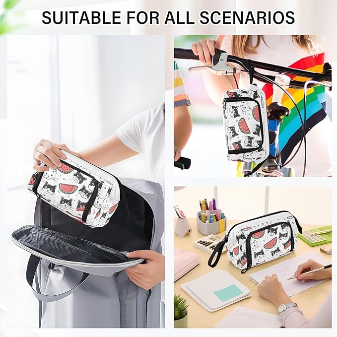 Bolaz Big Capacity Pencil Pen Case Pouch Bag School College Office Organizer for Teens Girls Adults Student-Cartoon Cat and Watermelon