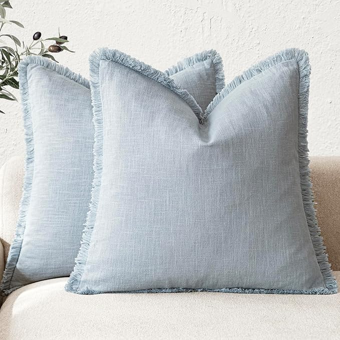 Foindtower Set of 2 Decorative Linen Fringe Throw Pillow Covers Boho Farmhouse Cushion Cover with Tassels Soft Accent Pillowcase for Couch Chair Sofa Bed Living Room Home Decor,18×18 Inch,Sky Blue