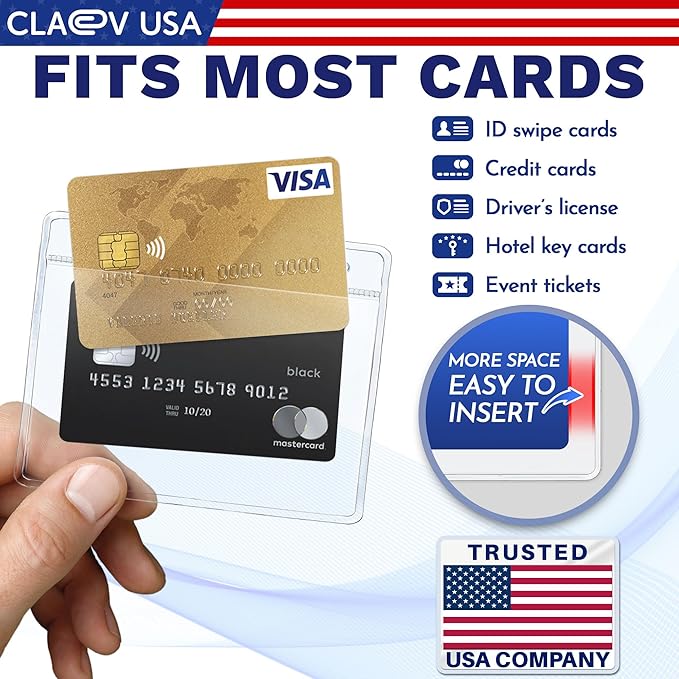 Claev - Horizontal Flexible and Tear Resistant Card Protector - Clear, 4x3 Inch, 50 Pack - Large Easy Open Plastic ID Name Badge Holders for Conferences, Conventions, Offices & Schools