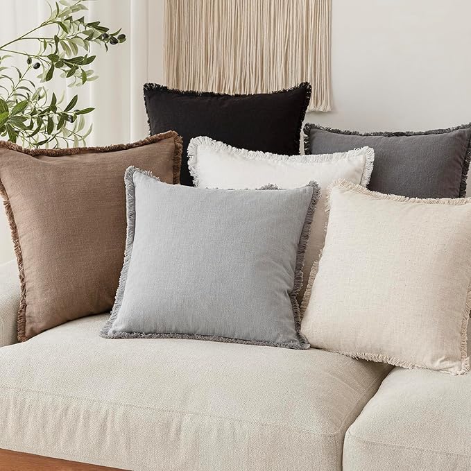 Foindtower Set of 2 Decorative Linen Fringe Throw Pillow Covers Cozy Farmhouse Cushion Cover with Tassels Accent Pillowcase for Couch Chair Sofa Bed Living Room Home Decor,16×16 Inch,Light Rustic Gray