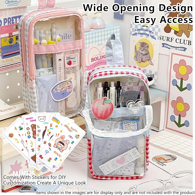 UINSUE Cute Pen case Adorable Bunny Transparent 3-Layer Large Capacity Pencil Case Gadget organizer with Lovely Stickers (Pink Polka Dot)
