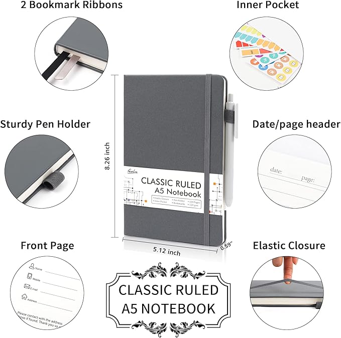 feela 18 Pack Journal Notebook for Work, Business Notebook Bulk Hardcover Lined Writing Journal with Pen Holder for Men Women Note Taking, with 18 Black Pens, 120 GSM, 5.1”x8.3”, A5, Gray
