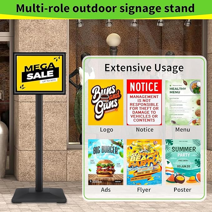 INNOVSIGN Heavy Duty Adjustable Pedestal Poster Sign Stand, 8.5x11 Aluminum Open Floor Standing Sign Holder for Vertical and Horizontal View Display (8.5x11,Black)