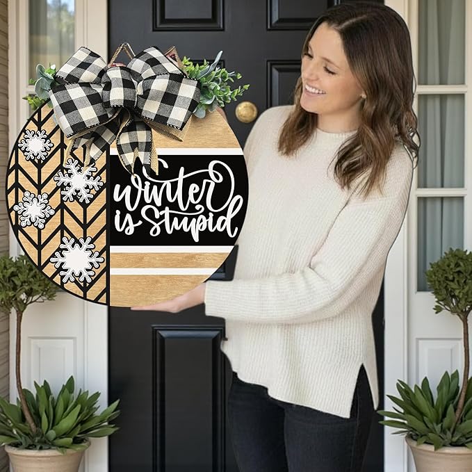 Wood front door sign Wood sign Home decor Welcome sign Sign for front door House warming gift Wedding gift (Winter is stupid1.0(UV091(A16) S001, 11" Width)